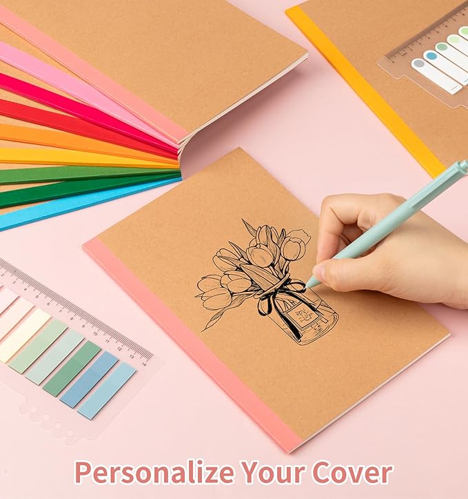 ALKALO 30 Pack Lined Notebook Journals Bulk, A5 College Ruled Composition Notebook, 8.3”x 5.5”,Kraft Cover with Rainbow Spines, 15 Colors 60 Pages for School Office Travel