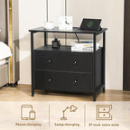 Edbuosy 27 inch Wide Night Stand Set 2 with Charging Station, Bedside Table with Open Shelf, 2 Drawers Small Wood Dresser, Modern Wood Nightstand for Bedroom/Living Room (Black)