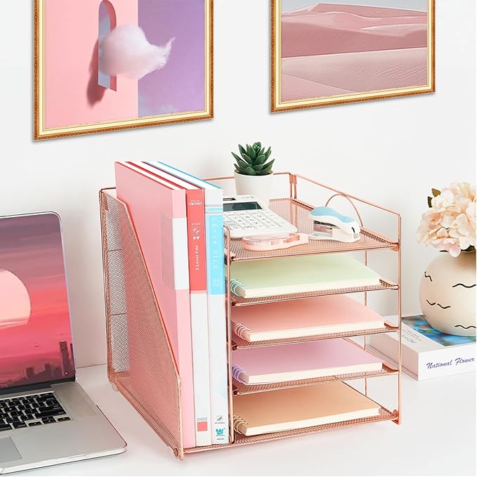 LEKETREE Desk Organizers and Accessories, 5-Tier Paper Letter Tray Organizer with File Holder, Desktop Organizer for Office Supplies (Rose Gold)