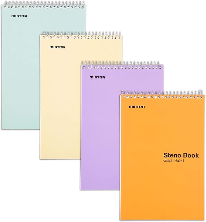 Mintra Office Steno Book - (Pastel Colors, 4 Pads/Pack, Graph Ruled) - 6inx9in, 70 Sheets, Notebook for writing notes in school, university, college, work, office