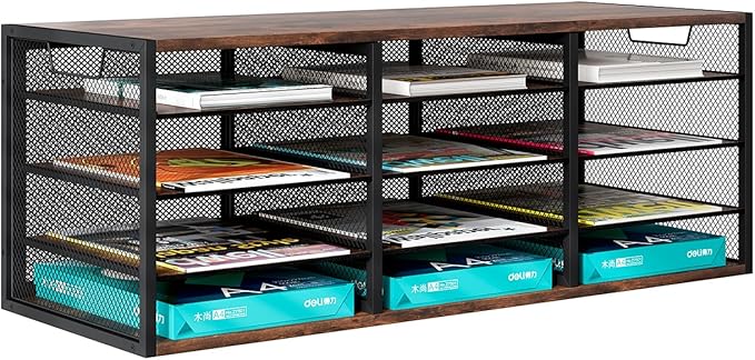 PAG-Mass Mail Sorter Adjustable Holder, Countertop Literature Organizer, Student Mailbox for Classroom, Desktop Bill Paper Organizer for Office Home School, 12 Compartments, Brown