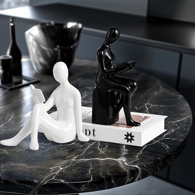 TYGKROF Decorative Bookends,Ceramic Statue Book Ends,Home Office Modern Bookends,Decor Aesthetic Reading Book Holders for Bookshelf,Bedroom Living Room Decoration Unique Bookends(Black and White)