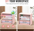 SHARKWOODS 5-Tier Wood Desk Organizer, Paper Tray Organizer for Desk with Adjustable Storage Shelves, Desktop File Organization Paper Sorter Mail Holder for Office Home Classroom, Pink