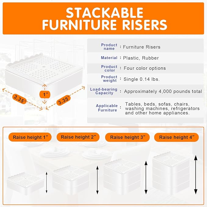 shouwuhho Furniture Risers, 8 Pack Bed Risers with Non-Slip Grip and Heavy Duty Support, 1 Inch 2 Inch 3 Inch 4 Inch Height Lift for Couch, Sofa, Table, Desk, Chair, Refrigerator - White, 1 Inch