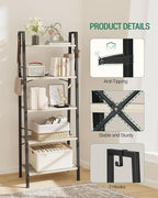 Hzuaneri Ladder Shelf, Bookshelf Bookcase, Freestanding Corner Storage Shelve with 2 Hooks for Home Office, Living Room, Kitchen, Bedroom, Industrial, 11.8" D x 23.6" W x 63" H, Greige BC19305B