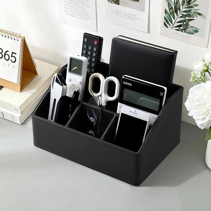 Cretkhp Remote Control Holder with 5 Compartments for Office Art Supplies, PU Leather Nightstand Organizer Pencil Pen Desk Caddy for Home, Desktop TV Remote Control Organizer Storage (Black)