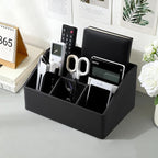 Cretkhp Remote Control Holder with 5 Compartments for Office Art Supplies, PU Leather Nightstand Organizer Pencil Pen Desk Caddy for Home, Desktop TV Remote Control Organizer Storage (Black)