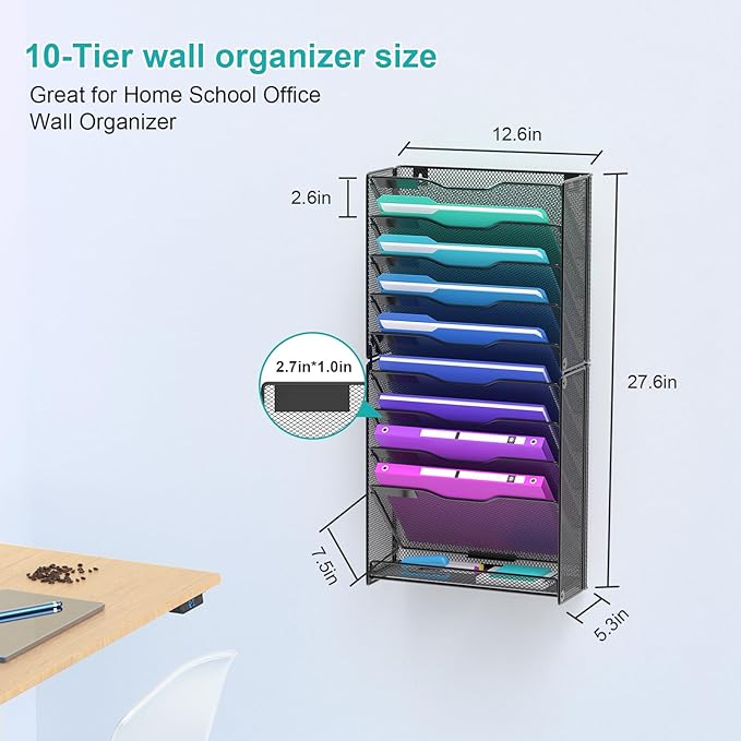 VEESUN 10 Tier Hanging Wall File Organizer, Wall File Holder Organizer Mounted Letter Mail Magazine File Rack With Flat Tray For Office Home School, Black
