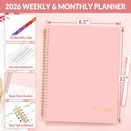 SUNEE 2026 Weekly and Monthly Planner - from January 2026 - December 2026, Daily Agenda Planner with Monthly Tab, Flexible Cover, Note Pages, Pockets, Bookmark, Spiral Binding, Pink, 8.5"x11"