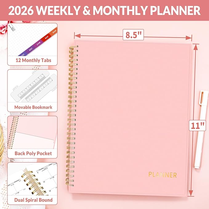 SUNEE 2026 Weekly and Monthly Planner - from January 2026 - December 2026, Daily Agenda Planner with Monthly Tab, Flexible Cover, Note Pages, Pockets, Bookmark, Spiral Binding, Pink, 8.5"x11"