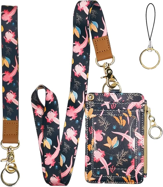 Cute Axolotl Badge Holder with Lanyard, Women's Lanyard Wallet, Id Badges Holder for Nurse, Teacher, Student, Office
