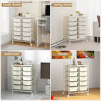 HAPPYGRILL 10-Drawer Rolling Storage Cart, Storage Organizer Cart with Lockable Wheels, Beauty Salon Movable Utility Cart for School, Office, Home, (Ivory)