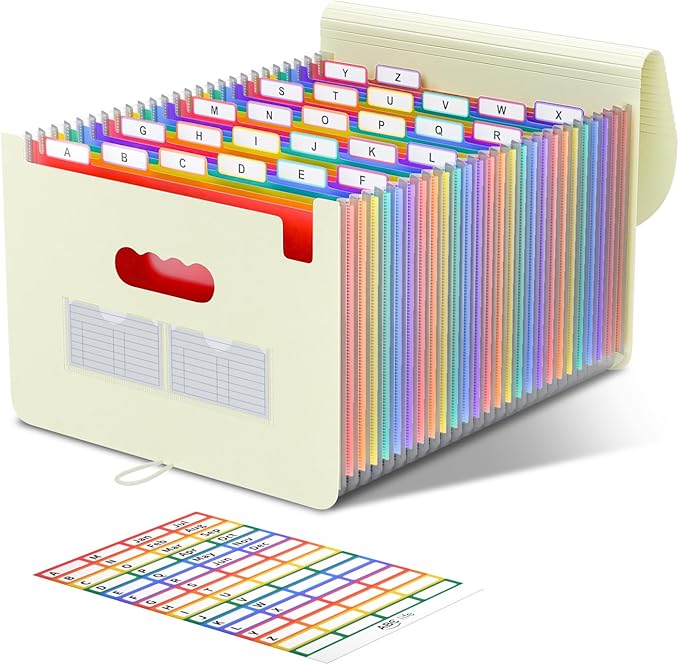 ABC life 26-Pocket Accordion File Organizer, Expanding File Folder, Letter/A4 Size Plastic Monthly Bill & Tax Receipt Holder with A-Z Tabs for Home, Office, Classroom - Beige Color