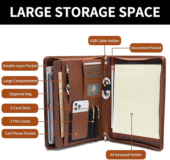 Geslun Genuine Leather Portfolio, Legal Size 8.5 x 14 Pad Holder, Business Padfolio for Men and Women, Zipper 14" Laptop Organizer, Executive Professional Work Travel Notepad Folio, Brown, Oil Tanned