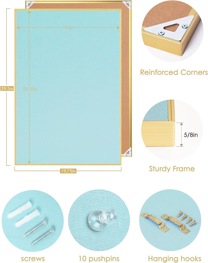Lightomorrow Bulletin Board 30 x 20 inches, Dark Blue Pin Board, Golden Aluminum Framed Fabric Cork Board with 10 Push Pins