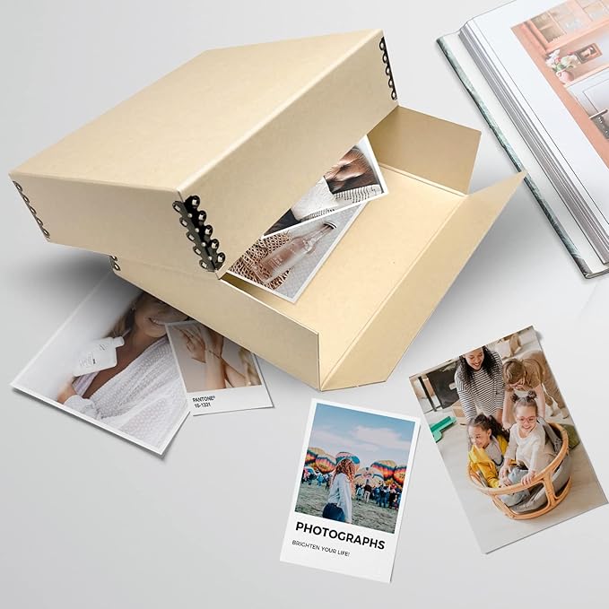 Lineco Museum Archival Storage Box, 8.75x10.75x3 in. Drop Front Design. Acid-Free with Metal Edge. Organize Photos, Pictures, Prints, Documents, Crafts, DIY. Tan, 2 Pack