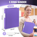 Henoyso 36 Pcs 3 Ring Binder 0.5 Inch Round Fits Letter Size 8.5'' x 11'' Paper Plastic Flexible Binder Bulk Holds 140 Sheets with 1 Pockets Versatile Organizer for Home Office School (Purple)