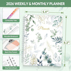 SUNEE 2026 Planner, Weekly and Monthly Calendar Planner, January 2026-December 2026, Daily Agenda with Tabs, Note Pages, Spiral Binding, 6.4"x8.3", Leaf