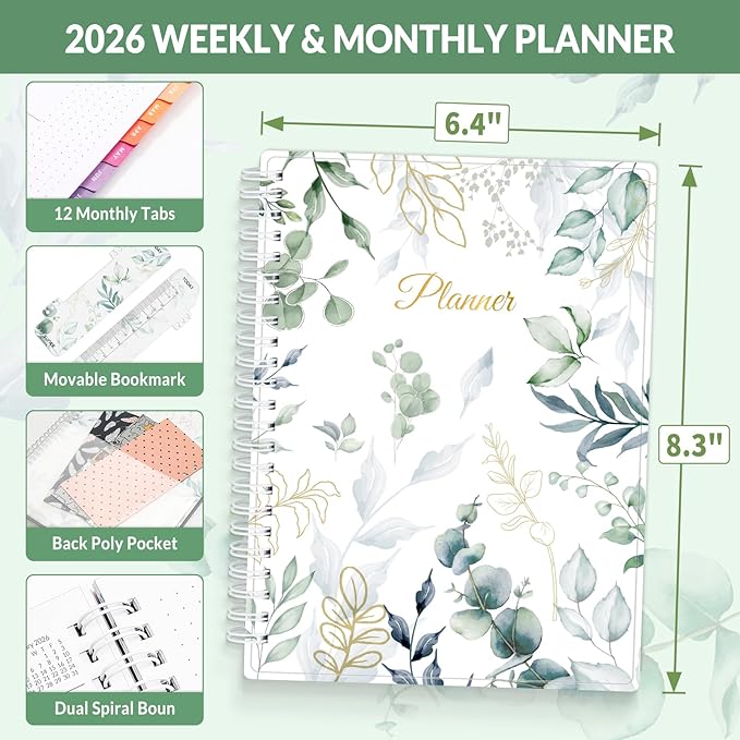 SUNEE 2026 Planner, Weekly and Monthly Calendar Planner, January 2026-December 2026, Daily Agenda with Tabs, Note Pages, Spiral Binding, 6.4"x8.3", Leaf