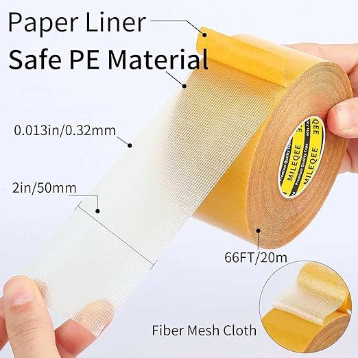 MILEQEE 3Pack Double Sided Tape Heavy Duty, 2in x 66FT (198FT Total), Super Sticky Resistente Clear Tape, Universal High Tack Strong Wall Adhesive with Fiberglass Mesh,Easy Use Mounting Tape