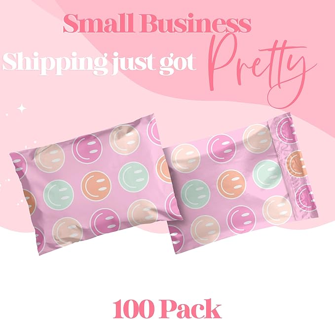 Pretty Package Store 6x9 Designer Poly Mailer 100 Pack Heavy Duty Waterproof Self Seal Shipping Bags for Small Business Large Mailing Envelopes Bulk Tear Resistant Cute Packaging Smiley Face