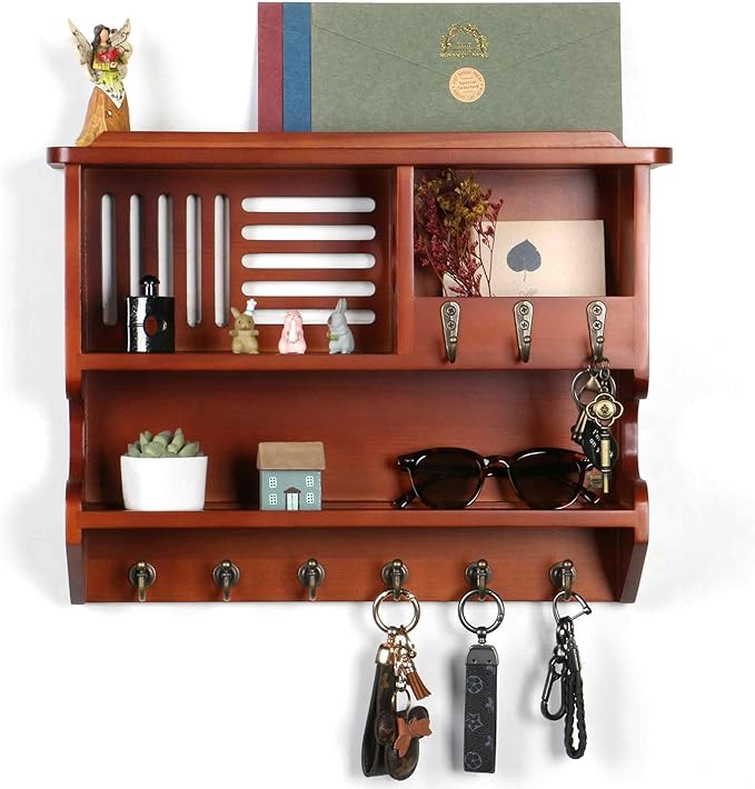 Mutsault Key Holder for Wall, Mail and Key Holder for Home Decor, Key and Mail Holder for Wall with Key Hooks, Auburn