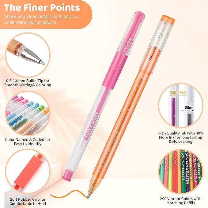 LANRENWENG 400 Pack Gel Pens for Adult Coloring Books, 200 Colored Gel Pen Include 200 Refills with 40% More Ink,Glitter Gel Pens Set for Coloring Books Drawing Journaling Scrapbook Art Supplies