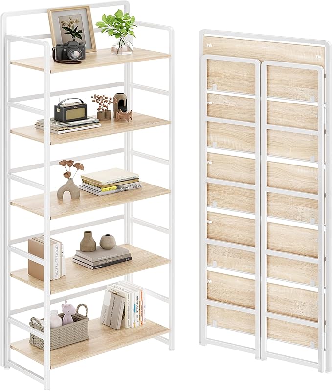 THKKY No Assembly Folding Bookshelf, 5 Tiers Collapsible Book Shelf for Home Office, Vintage Wood Foldable Bookcase Storage Organizer for Living Room Bedroom (Beige)