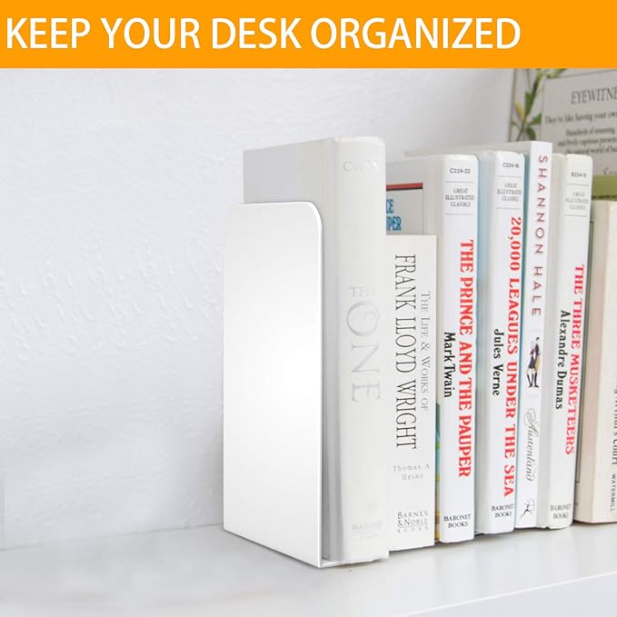 VFINE Bookends 3 Pairs, White Metal Book Ends, Bookends for Shelves, Book Stopper for Heavy Books, Book Dividers for Home Office