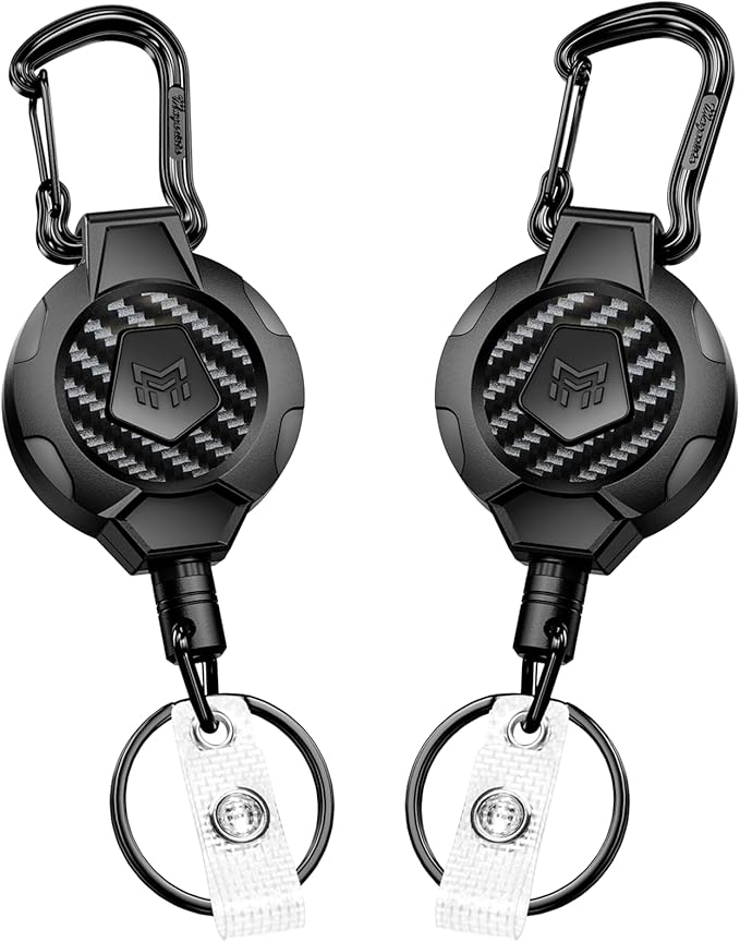 MNGARISTA 2-Pack Retractable Keychain, Heavy Duty 10 OZ Retraction 3K Carbon Fiber ID Badge Reel, Carabiner Badge Holder Hook Upgraded 31.5" Stainless Steel Cord Lanyard with Clip Strap and Key Ring