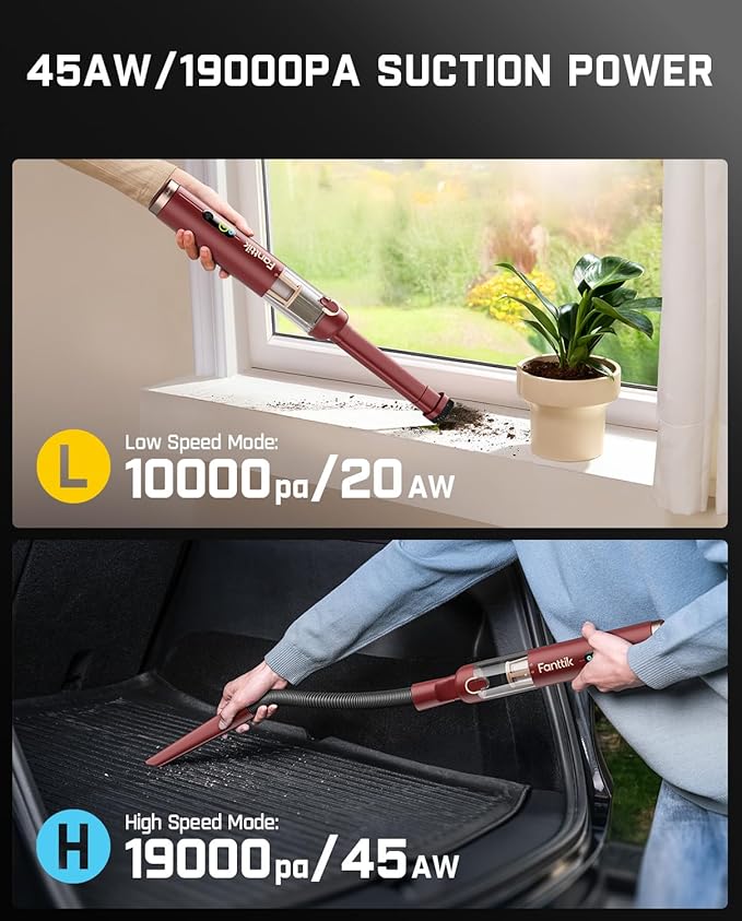 Fanttik Slim V10 APEX Cordless Car Vacuum, 4-in-1 Portable Mini Handheld Vac, 19kPa Suction Power, Upgraded Smart Digital Display, 2 Suction Modes for Small Jobs, Car, Office Desk, Keyboards (Red)