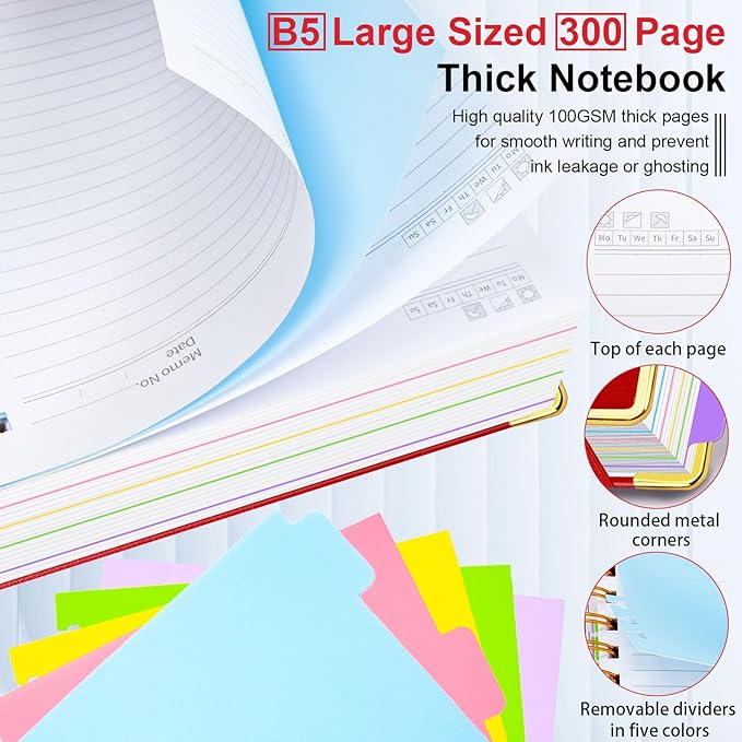Hardcover Spiral Notebook 8"x10" Journal Notebook with Tabs and Removable Dividers 300 Pages 5 Subject Notebook College Ruled, Faux Leather Spiral Bound Notebook for Women, Students, School Work (Red)