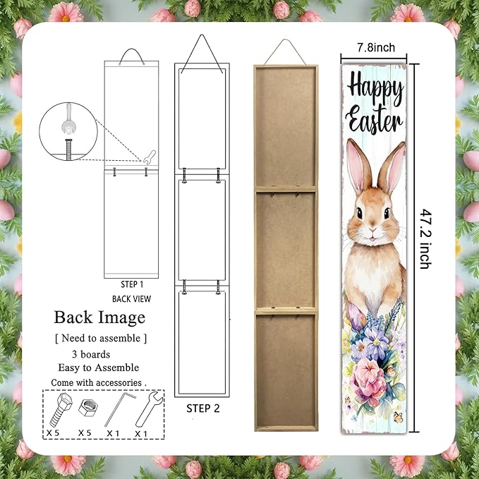 Happy Easter Bunny Welcome Sign for Front Door, 47 Inch Wood Framed Porch Sign Spring Easter Rabbit Flower Decorations with Hanging Rope, Farmhouse Rabbit Yard Signs Home Decor for Outdoor Patio