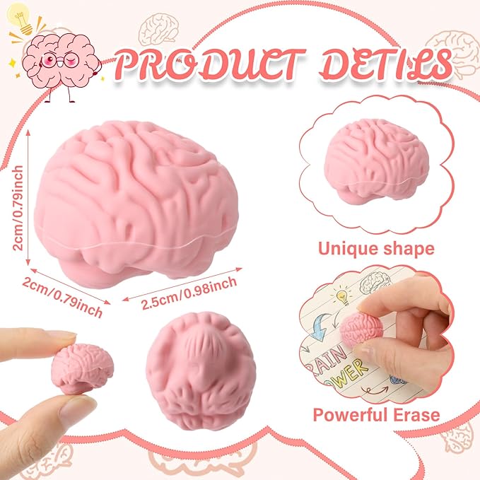 Gilprop 24 Pcs Brain Shaped Erasers Bulk, 1 Inch Mini Halloween Erasers Halloween Party Favors Fun Classroom Supplies Cute Novelty Gifts for Students Teacher Must Haves (Pink)