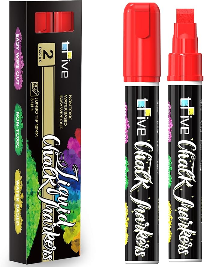 TFIVE Red Liquid Chalk Markers - 2 Pack Jumbo Chalk Pens with 10mm 3 in 1 Nib Wide Tips, Dry & Wet Erase Marker Pens for Glass, Chalkboard, BlackBoard, Windows, Calendar, Pumpkin, Mirror