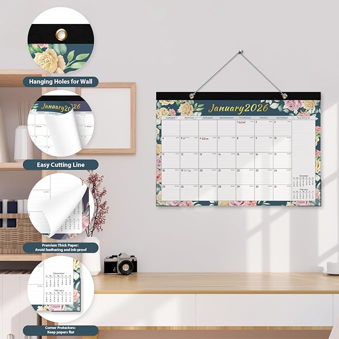 2026 Desk Calendar, 18 Monthly Calendar Runs from January 2026 to June 2027, Large 17" x 12" Desktop/Wall Calendars Easy Scheduling & Notes, Ideal for School, Home and Office - Vintage Floral