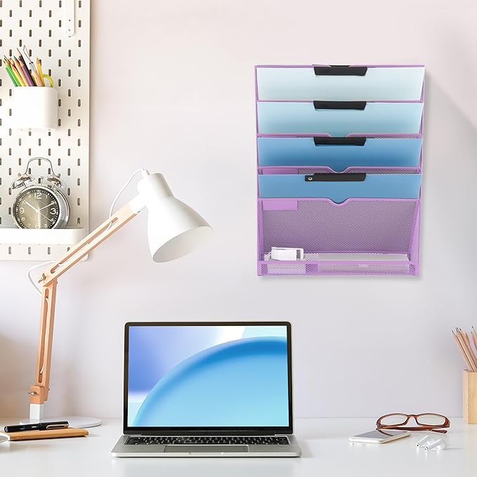 EASEPRES 6 Tier Mesh Hanging Wall File Organizer, Desk Vertical Mail Paper Document Folder Holder Rack with Bottom Tray and Nametag Label for Office Home School, Light Purple