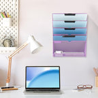 EASEPRES 6 Tier Mesh Hanging Wall File Organizer, Desk Vertical Mail Paper Document Folder Holder Rack with Bottom Tray and Nametag Label for Office Home School, Light Purple