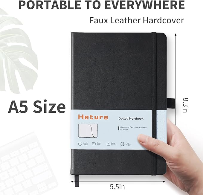 Heture Hardcover Notebooks, A5 Dotted Journal Notebook for Writing 160 Pages, 8.2 x 5.5 inch, Classic Dotted Notebooks for College/Work/Travel(Black 3 Pack)