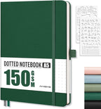 AHGXG Bullet Dotted Journal - 150 GSM Dot Grid Notebook Journal, Thick Acid-Free Paper, A5 Dotted Notebook 128 Pages, Leather Hardcover, Inner Pocket, Journal Stencil, 5.7'' × 8.3'' - Green