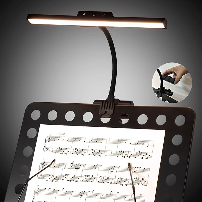AETEE Super Bright Music Stand Light, LED Clip On Light,Magnetic Base, Removable Rechargeable Battery Operated, Long-Lasting USB-C Eye-Care Clamp Lamp, Gooseneck Design for Sheet Music, Black