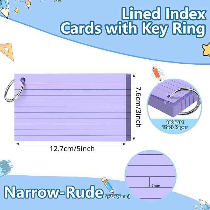 Ciphyfee Index Cards 3x5 Inch With Ring, 300 Count, Ruled Purple Index Card, 180GSM Flash Cards College Ruled for Students, Teachers, Study Note Card for Office, Home, School, Office