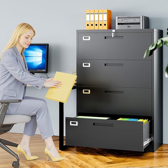 AFAIF 4 Drawer File Cabinets for Home Office, Metal Filing Cabinet with Lock, Black Locking File Caninet Four Drawer, Office Storage Caninets Steel Cabnet for Letter/Legal/A4/F4-Assembly Required