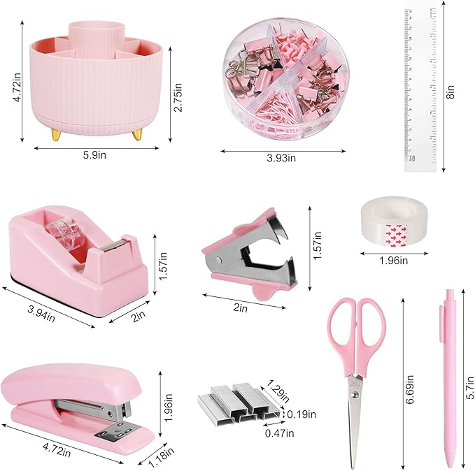 Gawsey Desk Organizers and Accessories Set with 360-Degree Rotating Pen Holder, Tape Dispenser, Stapler, Staple Remover, 1000 Staples, Tape, Clips Set, Ruler, Scissor, Pen