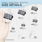 WORPSON 408 PCS Binder Clips Paper Clamps Assorted Sizes and Push Pins, Binding Paperwork Clamp Bulk, School Teachers Office Supplies (Black)