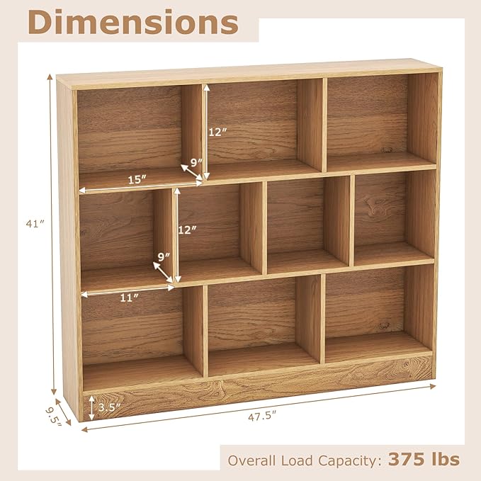 Tangkula 10-Cube Bookshelf, 47.5”L Floor Bookcase with 2 Anti-Tipping Kits, Freestanding Storage Organizer, 4-Tier Display Shelf for Home, Office & Dorms, Natural/White (Natural, 10-Cube)