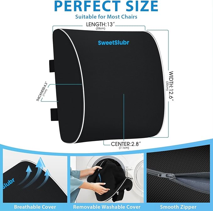 SweetSlubr Large Lumbar Support Pillow for Office Chair, Car Seats and Home Desks, Ergonomic Back Support with Double Adjustable Straps, Machine Washable Cover, Black