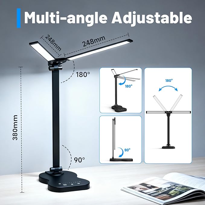 Ddlisu LED Desk Lamp with USB Charging Port, 5 Color Modes 10 Brightness, Dual Swing Arm Dimmable Desk Lamps for Home Office Nail Dorm (Black)