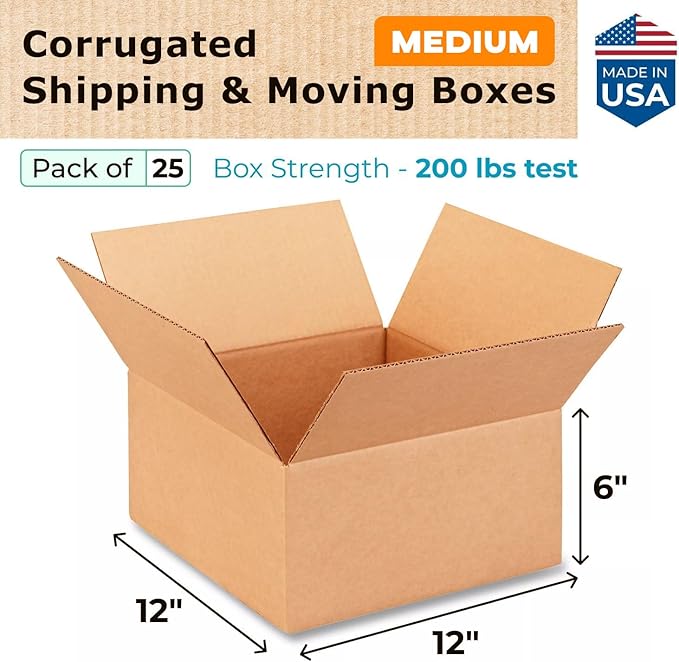 Medium Moving & Shipping Boxes 12"L x 12"W x 6"H (25-Pack) - Extra Strength 200 lb vs Regular - Corrugated Boxes for Packaging - Durable Medium Box - Heavy Duty Shipping Box by IDL Packaging