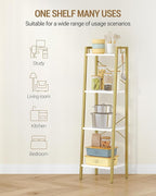 Hzuaneri Ladder Shelf, Bookshelf Bookcase, Freestanding Corner Storage Shelve with 2 Hooks for Home Office, Living Room, Kitchen, Bedroom, Industrial, 11.8" D x 13.4" W x 47.2" H, White Gold BC13213G